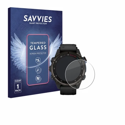 Face avant d’un emballage produit avec le logo de la marque Savvies. À côté, l’appareil Garmin Descent Mk3i (43 mm) est représ