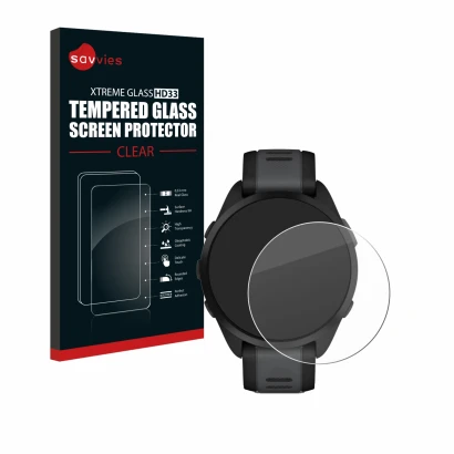 Face avant d’un emballage produit avec le logo de la marque Savvies. À côté, l’appareil Garmin Forerunner 165 est représenté a