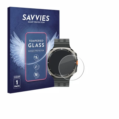Face avant d’un emballage produit avec le logo de la marque Savvies. À côté, l’appareil Samsung Galaxy Watch Ultra (47 mm) est