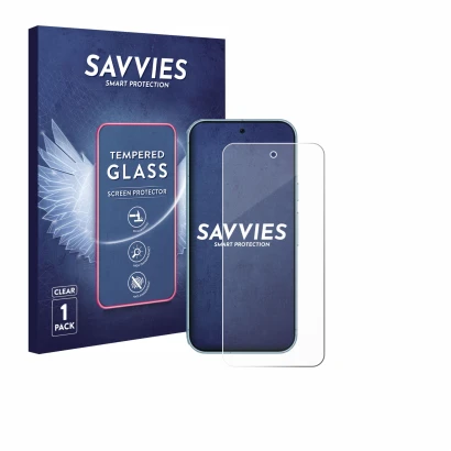 Face avant d’un emballage produit avec le logo de la marque Savvies. À côté, l’appareil Google Pixel 9 Pro est représenté avec
