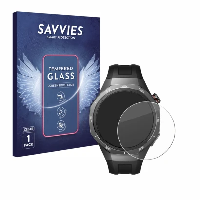 Face avant d’un emballage produit avec le logo de la marque Savvies. À côté, l’appareil Huawei Watch GT 5 Pro (46 mm) est repr