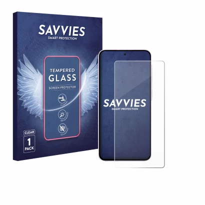 Face avant d’un emballage produit avec le logo de la marque Savvies. À côté, l’appareil Samsung Galaxy A56 5G est représenté a