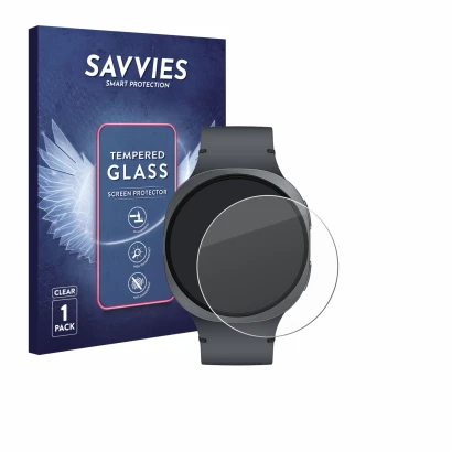 Face avant d’un emballage produit avec le logo de la marque Savvies. À côté, l’appareil Samsung Galaxy Watch 8 (44 mm) est rep