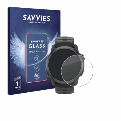 Face avant d’un emballage produit avec le logo de la marque Savvies. À côté, l’appareil Coros Apex 4 (42 mm) est représenté av