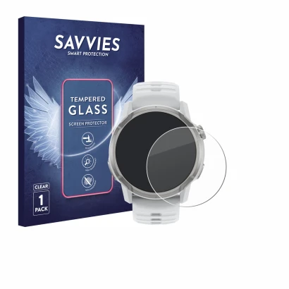 Face avant d’un emballage produit avec le logo de la marque Savvies. À côté, l’appareil Coros Apex 4 (46 mm) est représenté av
