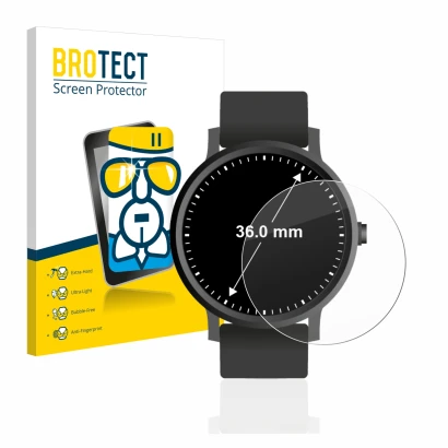 Face avant d’un emballage produit avec le logo de la marque BROTECT. À côté, l’appareil Montres (Circulaire, ø: 36 mm) est rep