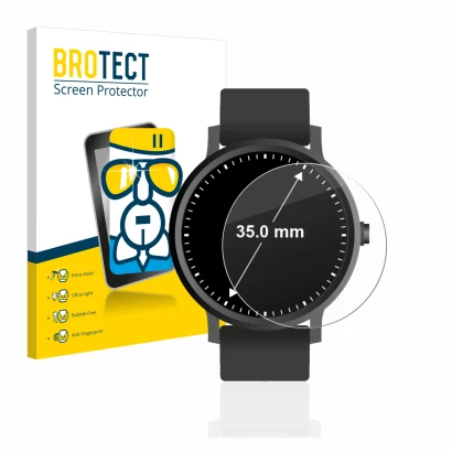 Face avant d’un emballage produit avec le logo de la marque BROTECT. À côté, l’appareil Montres (Circulaire, ø: 35 mm) est rep