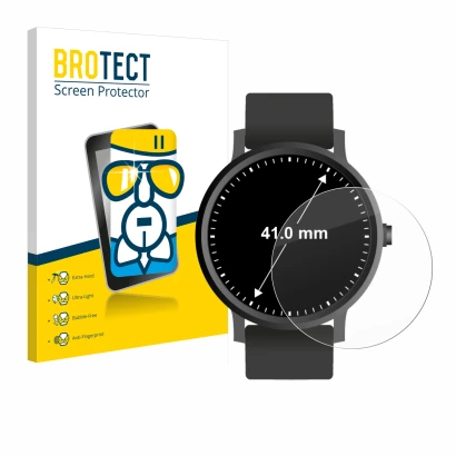 Face avant d’un emballage produit avec le logo de la marque BROTECT. À côté, l’appareil Montres (Circulaire, ø: 41 mm) est rep