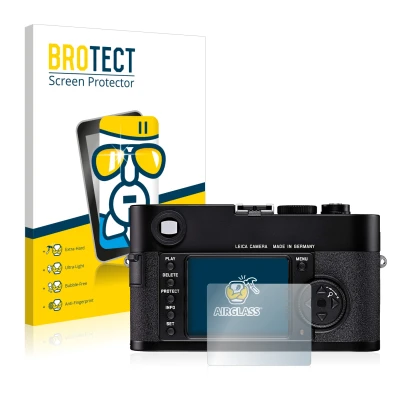 Face avant d’un emballage produit avec le logo de la marque BROTECT. À côté, l’appareil Leica M8 est représenté avec la protec
