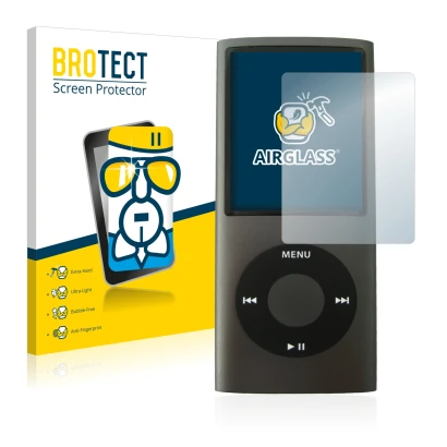 Face avant d’un emballage produit avec le logo de la marque BROTECT. À côté, l’appareil Apple iPod nano (4ème Gen.) est représ