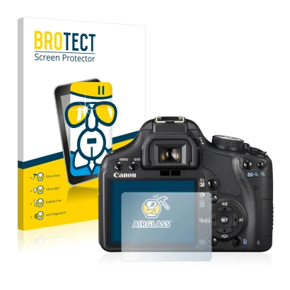 Face avant d’un emballage produit avec le logo de la marque BROTECT. À côté, l’appareil Canon EOS 500D est représenté avec la 