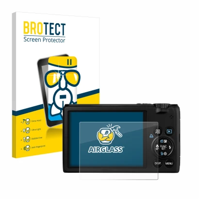 Face avant d’un emballage produit avec le logo de la marque BROTECT. À côté, l’appareil Canon PowerShot S95 est représenté ave