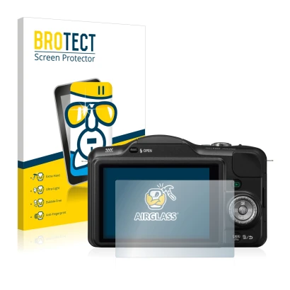 Face avant d’un emballage produit avec le logo de la marque BROTECT. À côté, l’appareil Panasonic Lumix DMC-GF3 est représenté