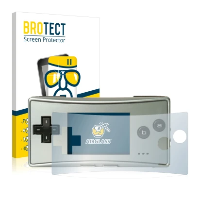 Face avant d’un emballage produit avec le logo de la marque BROTECT. À côté, l’appareil Nintendo Gameboy Micro est représenté