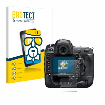 Face avant d’un emballage produit avec le logo de la marque BROTECT. À côté, l’appareil Nikon D4 est représenté avec la protec