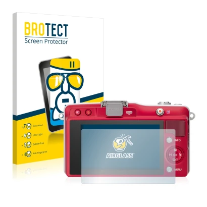Face avant d’un emballage produit avec le logo de la marque BROTECT. À côté, l’appareil Olympus PEN Mini E-PM2 est représenté