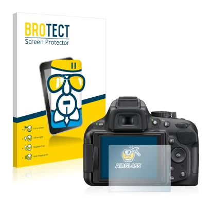 Face avant d’un emballage produit avec le logo de la marque BROTECT. À côté, l’appareil Nikon D5200 est représenté avec la pro