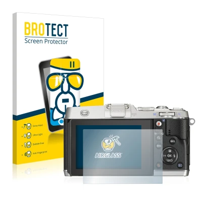 Face avant d’un emballage produit avec le logo de la marque BROTECT. À côté, l’appareil Olympus PEN E-P5 est représenté avec l