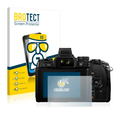 Face avant d’un emballage produit avec le logo de la marque BROTECT. À côté, l’appareil Olympus OM-D E-M1 est représenté avec