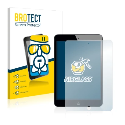 Face avant d’un emballage produit avec le logo de la marque BROTECT. À côté, l’appareil Apple iPad Mini 2 2013 est représenté 