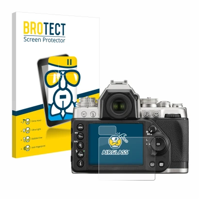 Face avant d’un emballage produit avec le logo de la marque BROTECT. À côté, l’appareil Nikon Df est représenté avec la protec