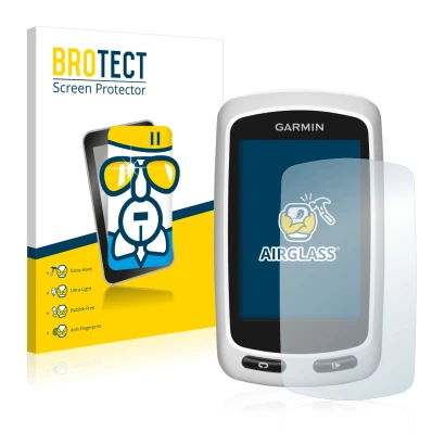 Face avant d’un emballage produit avec le logo de la marque BROTECT. À côté, l’appareil Garmin Edge Touring Plus est représent