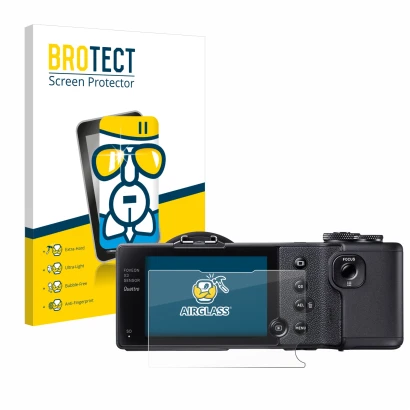 Face avant d’un emballage produit avec le logo de la marque BROTECT. À côté, l’appareil Sigma dp2 Quattro est représenté avec
