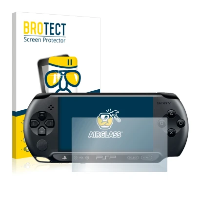 Face avant d’un emballage produit avec le logo de la marque BROTECT. À côté, l’appareil Sony PSP 2000 est représenté avec la p