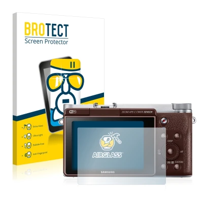 Face avant d’un emballage produit avec le logo de la marque BROTECT. À côté, l’appareil Samsung NX3000 est représenté avec la