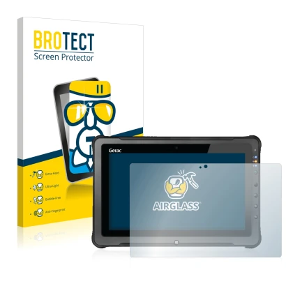Face avant d’un emballage produit avec le logo de la marque BROTECT. À côté, l’appareil Getac F110 G5 est représenté avec la p