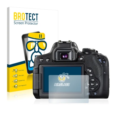 Face avant d’un emballage produit avec le logo de la marque BROTECT. À côté, l’appareil Canon EOS 750D est représenté avec la 