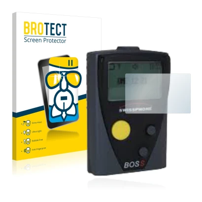 Face avant d’un emballage produit avec le logo de la marque BROTECT. À côté, l’appareil Swissphone Boss 910 est représenté ave