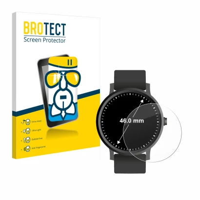 Face avant d’un emballage produit avec le logo de la marque BROTECT. À côté, l’appareil Montres (Circulaire, ø: 46 mm) est rep