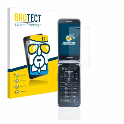 Face avant d’un emballage produit avec le logo de la marque BROTECT. À côté, l’appareil Samsung Galaxy Folder 2 est représenté