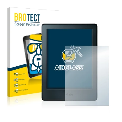 Face avant d’un emballage produit avec le logo de la marque BROTECT. À côté, l’appareil Amazon Kindle 2016 (8ème Gen.) est rep