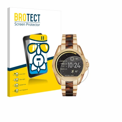 Face avant d’un emballage produit avec le logo de la marque BROTECT. À côté, l’appareil Michael Kors Access Bradshaw est repré