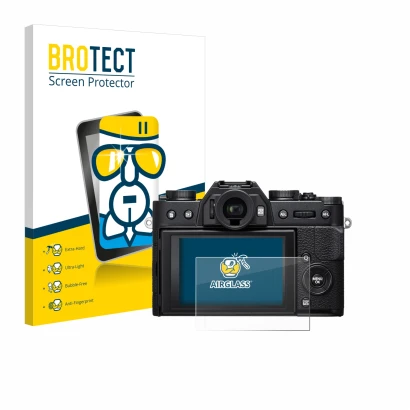 Face avant d’un emballage produit avec le logo de la marque BROTECT. À côté, l’appareil Fujifilm X-T20 est représenté avec la 