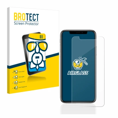 Face avant d’un emballage produit avec le logo de la marque BROTECT. À côté, l’appareil Apple iPhone X est représenté avec la 