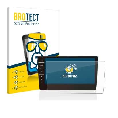 Face avant d’un emballage produit avec le logo de la marque BROTECT. À côté, l’appareil Volkswagen Golf 7 Discover Pro 9.2" 20