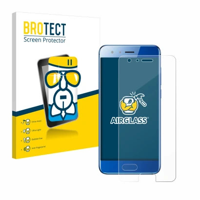 Face avant d’un emballage produit avec le logo de la marque BROTECT. À côté, l’appareil Honor 9 est représenté avec la protect
