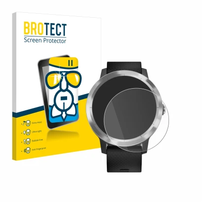 Face avant d’un emballage produit avec le logo de la marque BROTECT. À côté, l’appareil Garmin vivoactive 3 est représenté ave