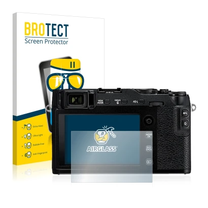 Face avant d’un emballage produit avec le logo de la marque BROTECT. À côté, l’appareil Fujifilm X-E3 est représenté avec la p