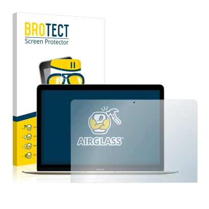 Face avant d’un emballage produit avec le logo de la marque BROTECT. À côté, l’appareil Apple MacBook Retina 12" (Début 2016) 