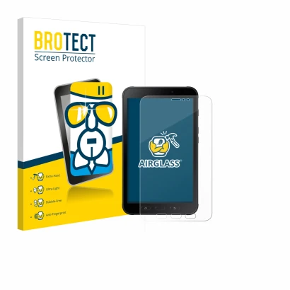 Face avant d’un emballage produit avec le logo de la marque BROTECT. À côté, l’appareil Samsung Galaxy Tab Active 2 est représ