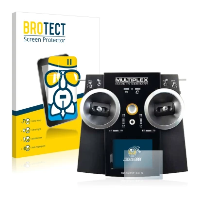 Face avant d’un emballage produit avec le logo de la marque BROTECT. À côté, l’appareil Multiplex Cockpit SX9 est représenté a