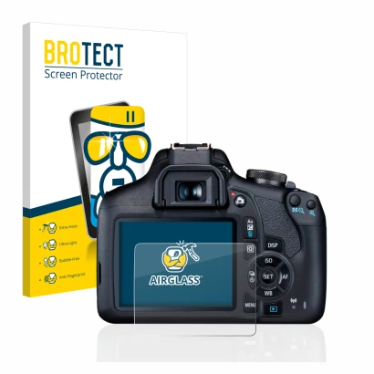 Face avant d’un emballage produit avec le logo de la marque BROTECT. À côté, l’appareil Canon EOS 2000D est représenté avec la
