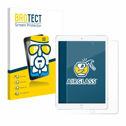 Face avant d’un emballage produit avec le logo de la marque BROTECT. À côté, l’appareil Apple iPad 9.7" 2018 (6ème Gen.) est r