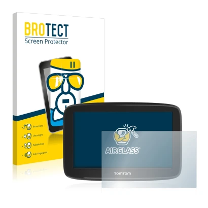 Face avant d’un emballage produit avec le logo de la marque BROTECT. À côté, l’appareil TomTom GO Basic (6") est représenté av
