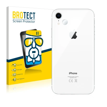 Face avant d’un emballage produit avec le logo de la marque BROTECT. À côté, l’appareil Apple iPhone XR (Caméra UNIQUEMENT) es