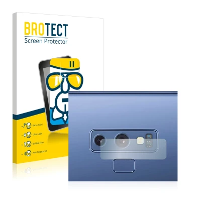 Face avant d’un emballage produit avec le logo de la marque BROTECT. À côté, l’appareil Samsung Galaxy Note 9 (Caméra UNIQUEME